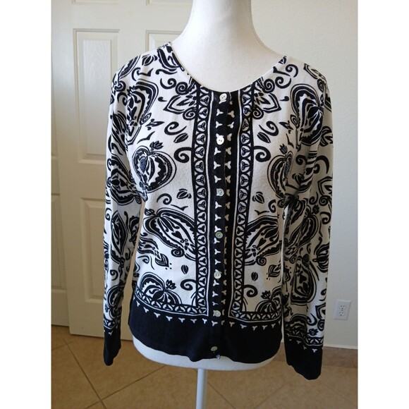 Pierri NY Size Medium  Floral Cream Black Sequin Cardigan Sweater Women Top - Picture 1 of 15